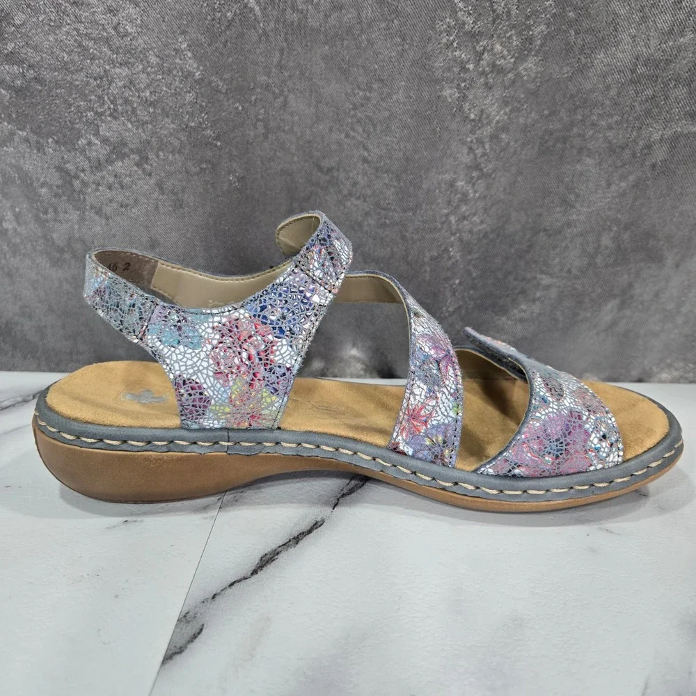 Rieker Antistress Regina C7 Floral Metallic Leather Sandals Womens 38 US 7.5